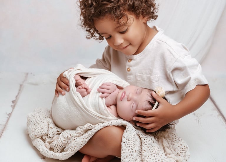 a young child is holding a newborn baby
