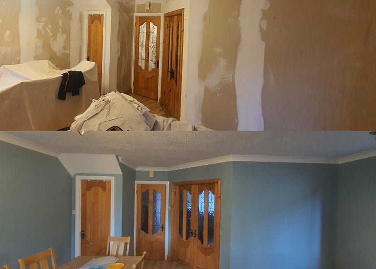 Before and after comparison of a living room renovation featuring fresh blue paint and plastered walls.