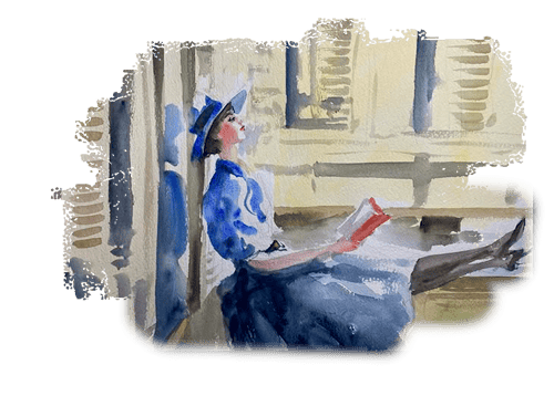 painting of a woman in a blue dress