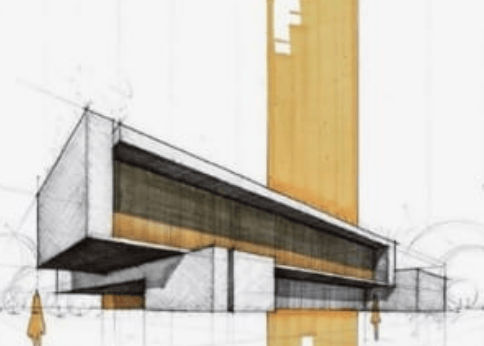 a drawing of a building with a tower in the background