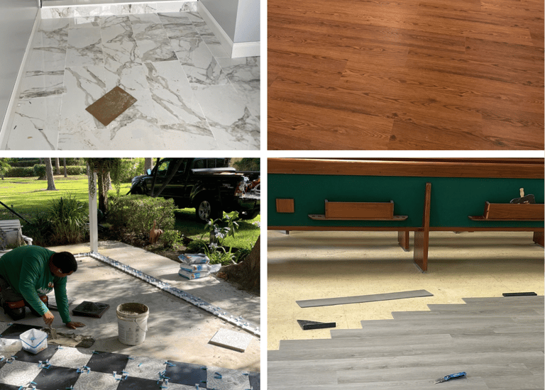 four different floor tiles and a man installing new flooring on an outside porch.loor
