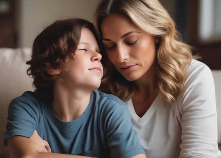 A peaceful mother gently holding her child in a softly lit living room.