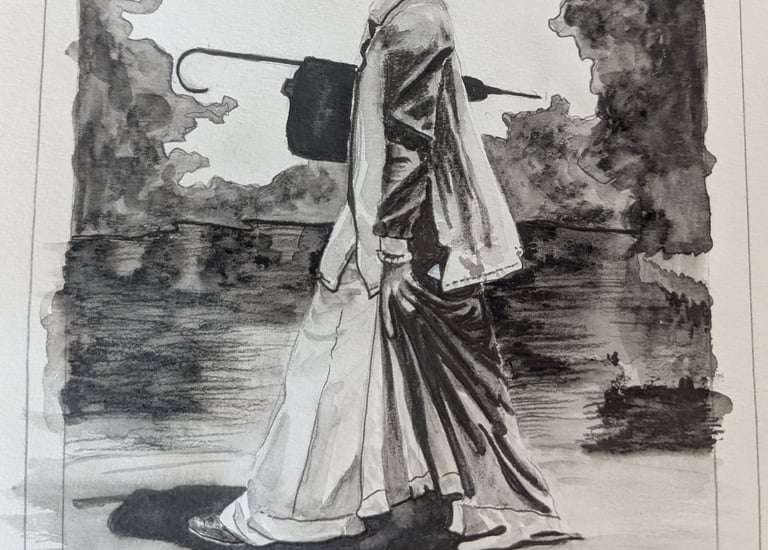 Katherine Hepburn walking in character on set, rendered in water graphites on paper by Kathy LaFollett.
