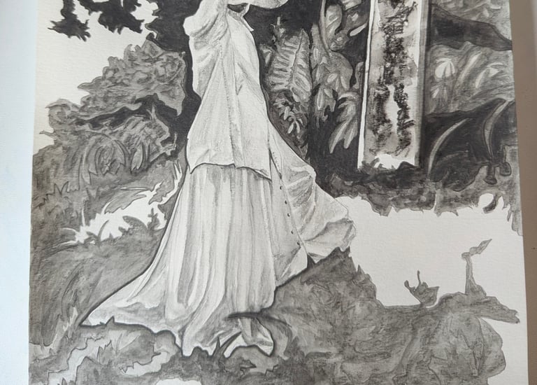 Sketch of Katherine Hepburn on set rendered in water graphites on paper by Kathy LaFollett.
