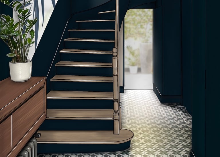 Montée d'escalier avec tapisserie panoramique florale
