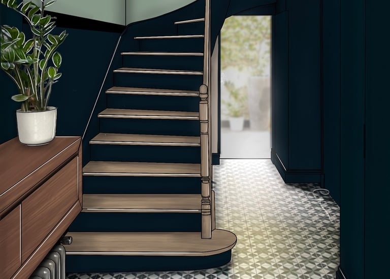 Montée d'escalier avec sous bassement bleu, demarcation noire et peinture verte
