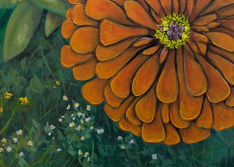 A hot summer's day of zinnia, fan-pedal, and creeping phlox flowers in Windsor & Newton acrylics on linen by Kathy LaFollett.