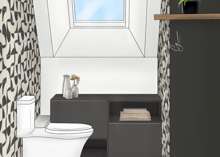 Toilettes en sous pente avec tapisserie noire et blanche