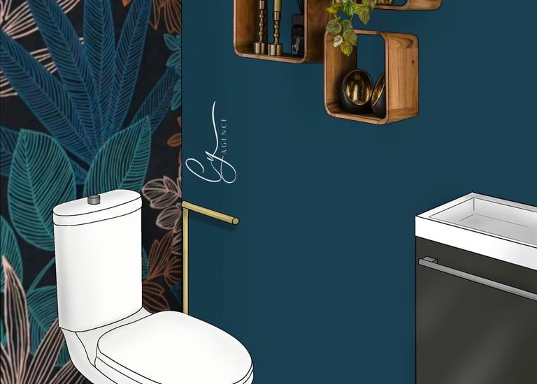 Toilettes bleues avec une tapisserie feuillage dans des couleurs assorties