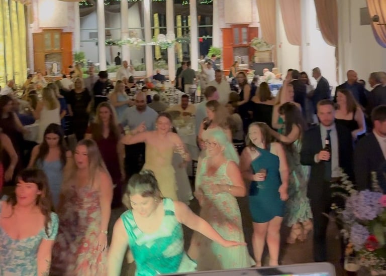 a group of people dancing at a wedding