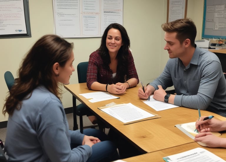 Advisors meeting with a parent reviewing US boarding school options.