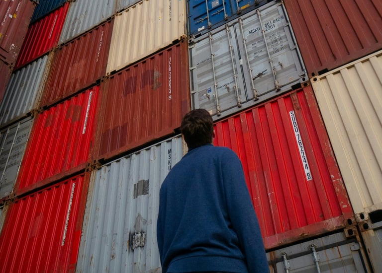 a man standing in front of a large stack of containers