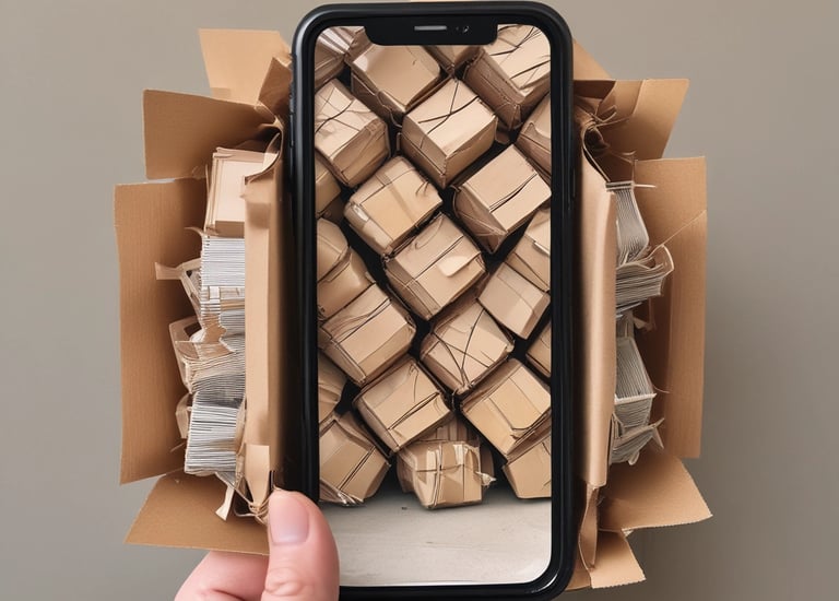 Three blue recycling bins are positioned on a sidewalk against a building with closed metal shutters. The bins display a yellow 'M' logo and the one on the far right is overfilled with cardboard boxes.