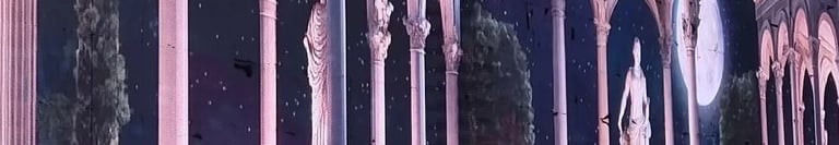 a large led screen of a roman architecture and statues in the middle of a room