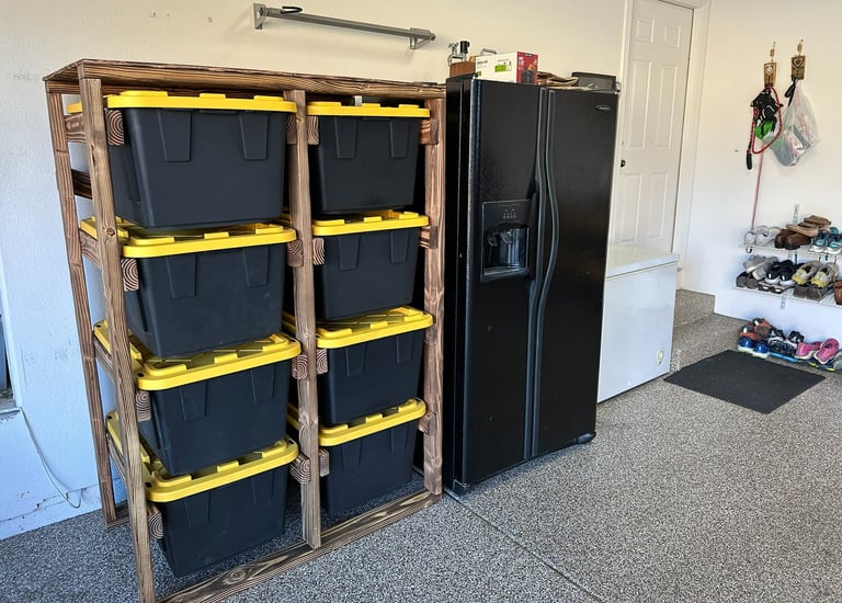 8 unit garage shelf next to refridgerator