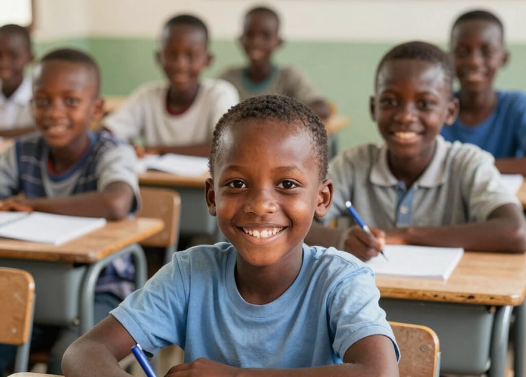 Children smiling while receiving school supplies in a bright classroom.