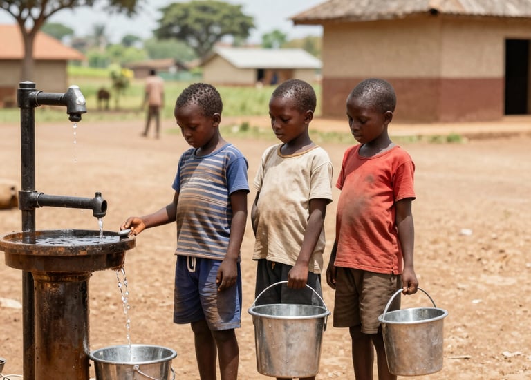 A group of community members gathered around a clean water well.