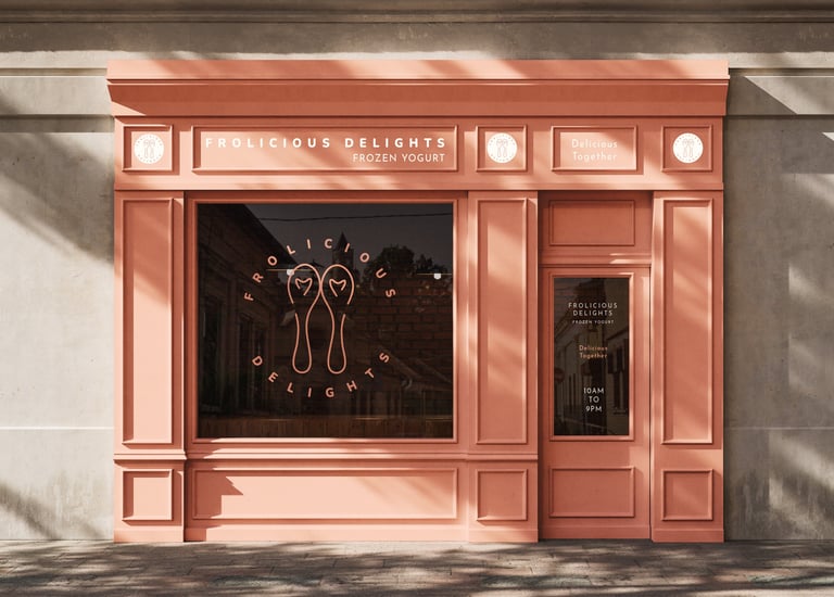 Frolicious Delights frozen yogurt brand identity — storefront concept
