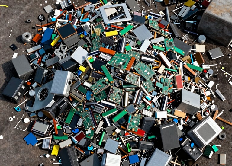 A busy recycling plant with workers sorting electronic waste.