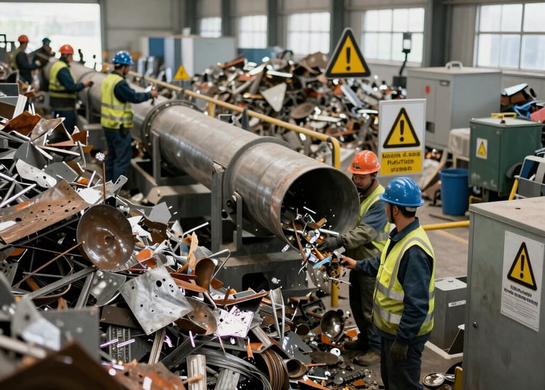 A busy recycling plant with workers sorting electronic waste under bright lights.