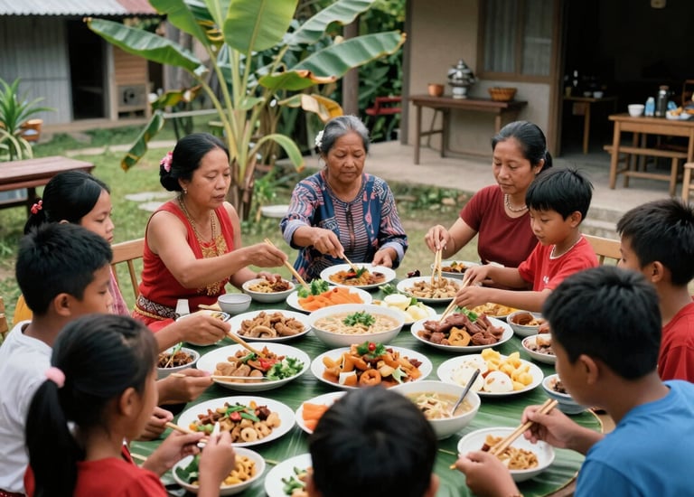 Community members sharing a meal together outdoors, radiating warmth.