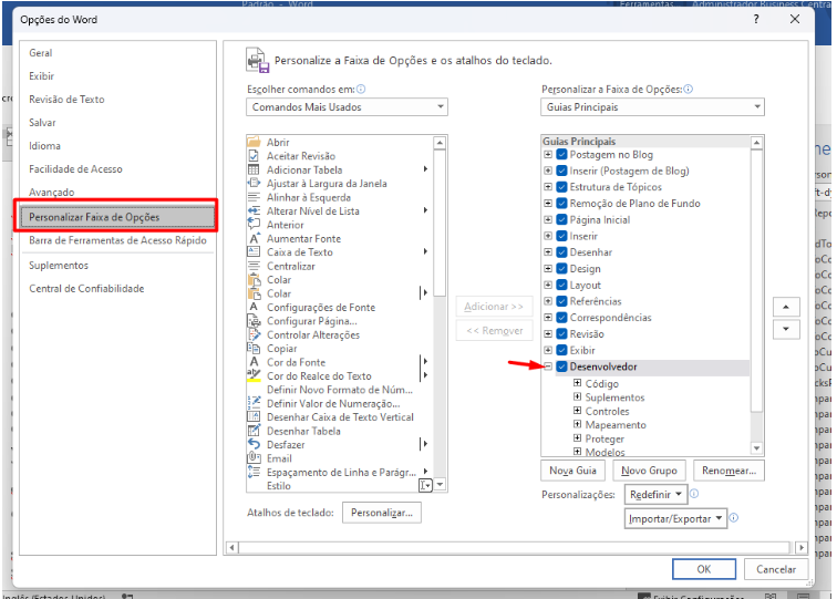 Microsoft Word options menu showing how to customize the ribbon and enable the developer tab.
