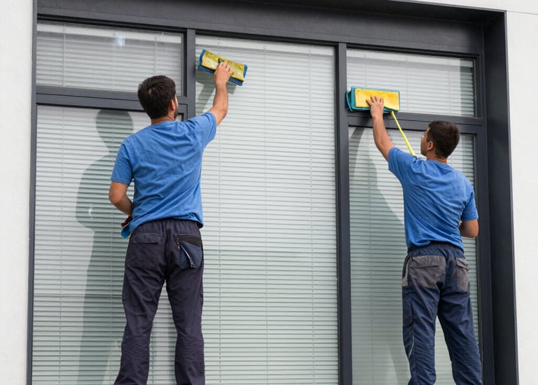 Cleaning crew washing windows of a modern apartment building
