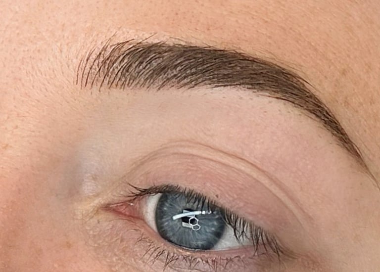 xSample image of a microbladed brow with hairstrokes and shading.