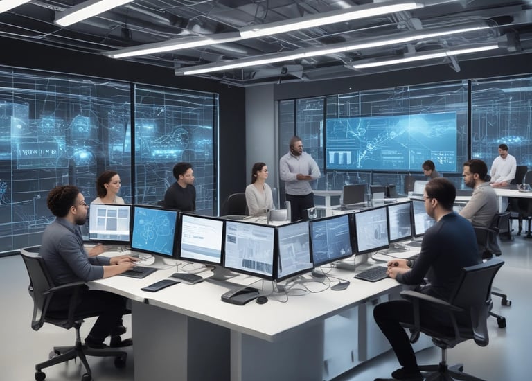 A team collaborating over cloud migration plans with laptops and diagrams.