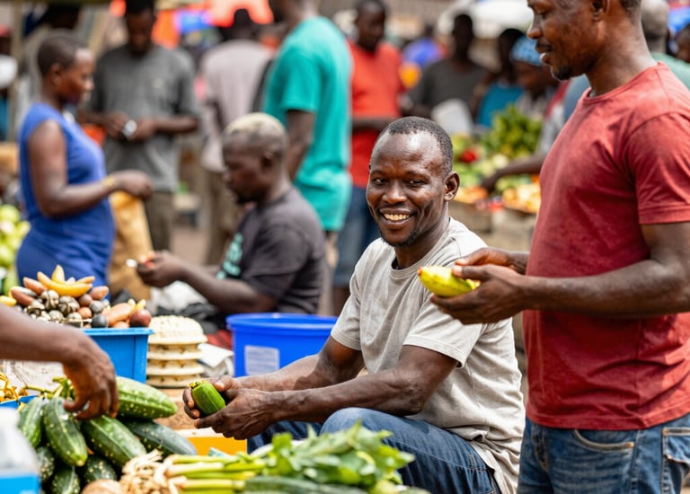 Busy market scene in Kinshasa with black people with fresh produce and smiling vendors.