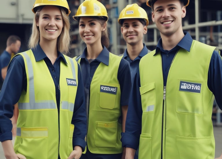 Industrial workers in sturdy, safety-compliant uniforms on a factory floor.