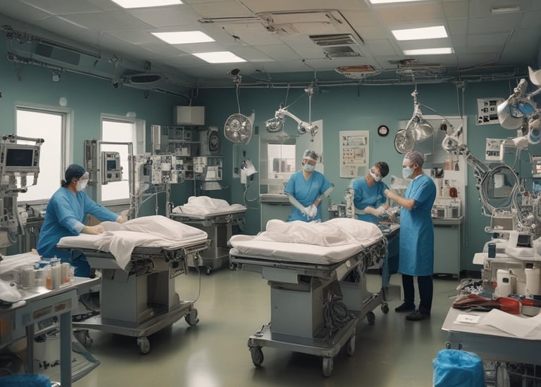Robotic arm organizing medical supplies in a busy hospital ward.