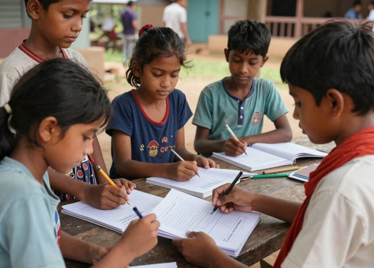 Children happily receiving books and school supplies at a community center.