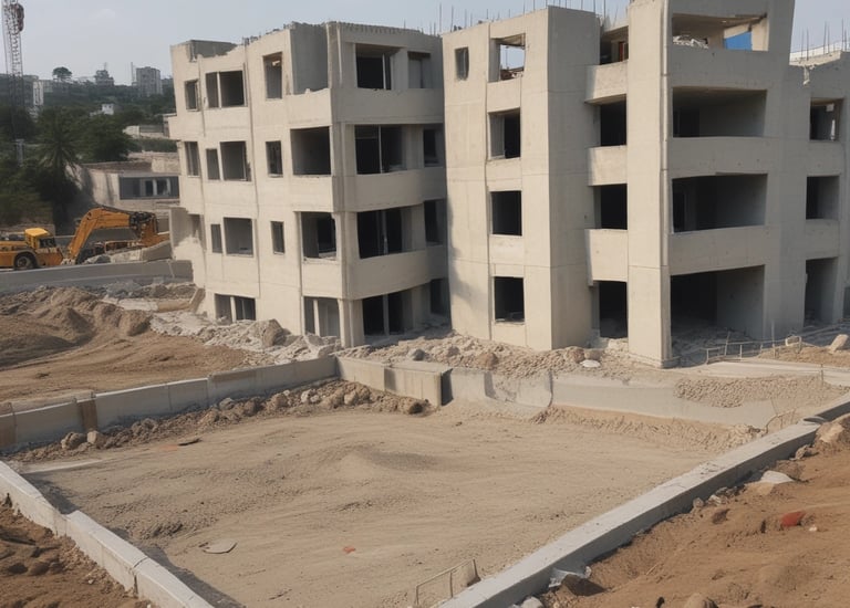 Freshly poured concrete foundation at a construction site under clear skies.
