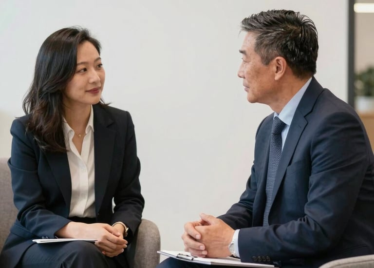 A focused CEO discussing strategy with an advisor in a modern office.