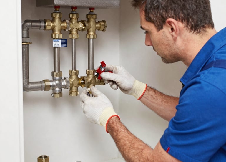 Plumber fitting heating pipes in a commercial building.
