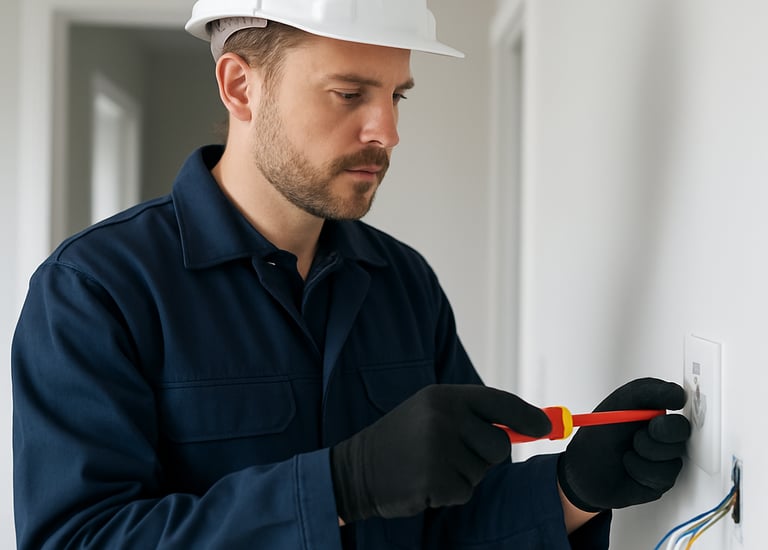 Electrician installing wiring in a modern residential property.