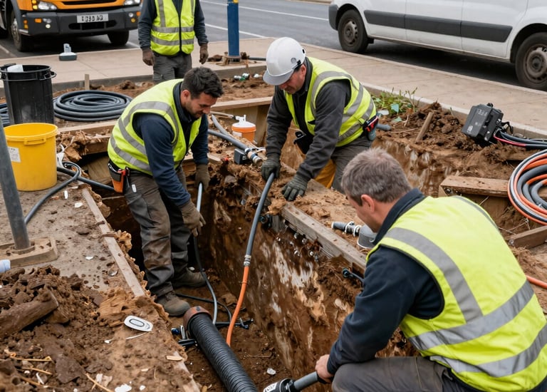 Utility construction site with workers laying cables.