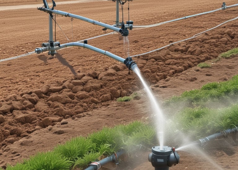 Farmers inspecting irrigation systems in a date palm orchard.