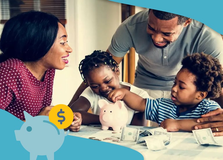 A happy family teaching their young children financial literacy and saving money in a pink piggy bank.