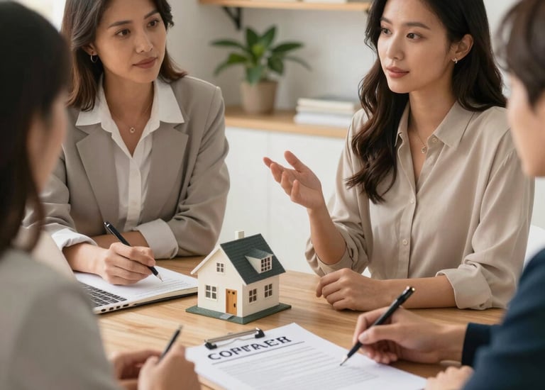 A confident entrepreneur presenting property paperwork to an interested buyer.