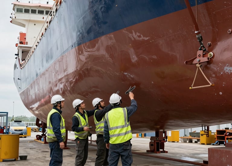 A modern shipyard with workers collaborating on a large vessel under construction.