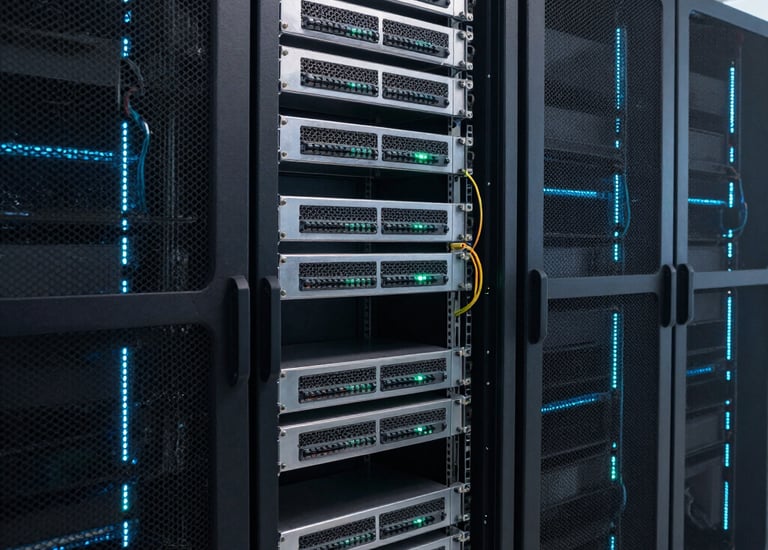 High-density data center racks with blinking servers and network cables.