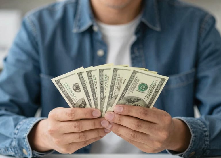 Photograph of a small business owner happily reviewing loan documents with a consultant.
