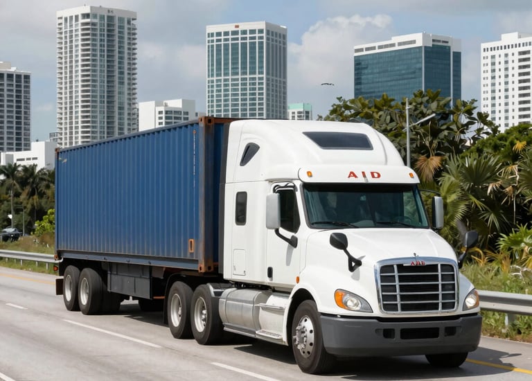 Truck transporting full container load through Miami highways.