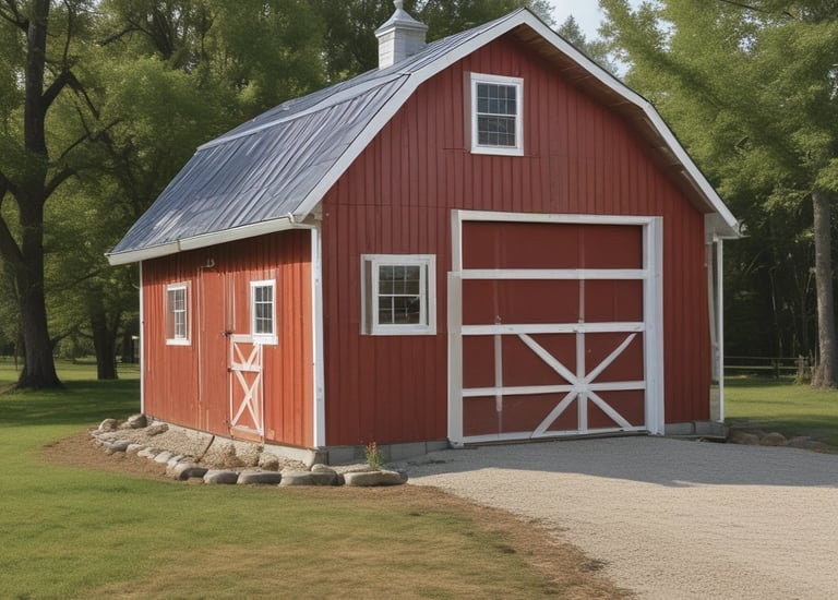 A newly built spacious wood pole barn standing on a rural property under a bright blue sky.