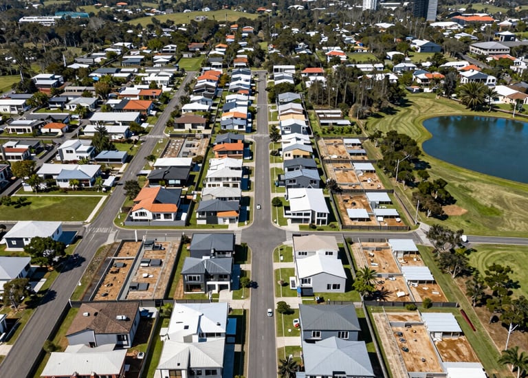 Aerial view of a vibrant Queensland construction site with cranes and workers.