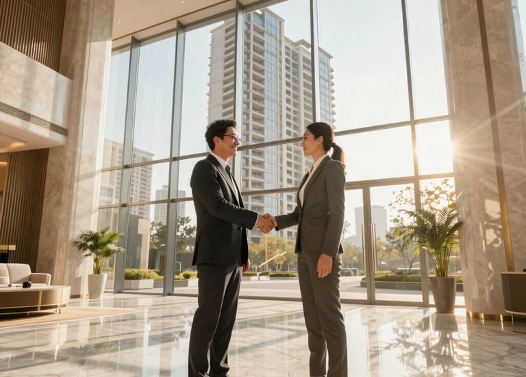 Handshake between developers and investors sealing a joint venture.