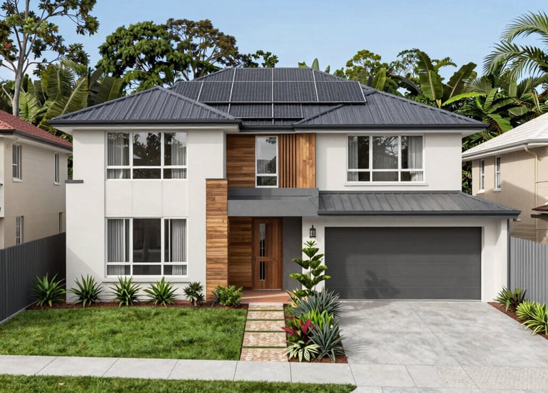 A stylish townhouse with energy-efficient solar panels on the roof.