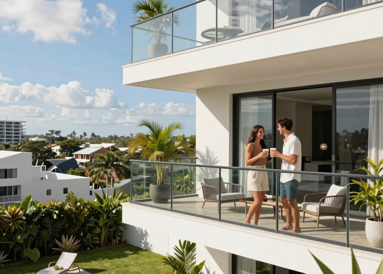 A modern apartment complex bathed in warm afternoon sunlight with lush greenery around.